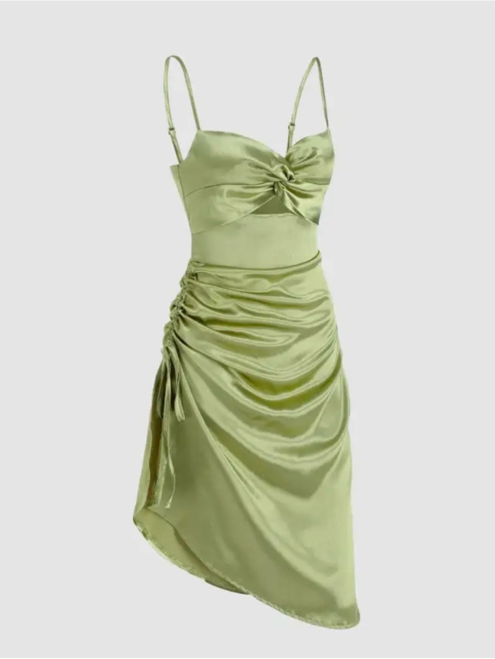 Satin Twist-Front Cut Out Slip Dress  in Light Green Adjustable Side Slit Cider